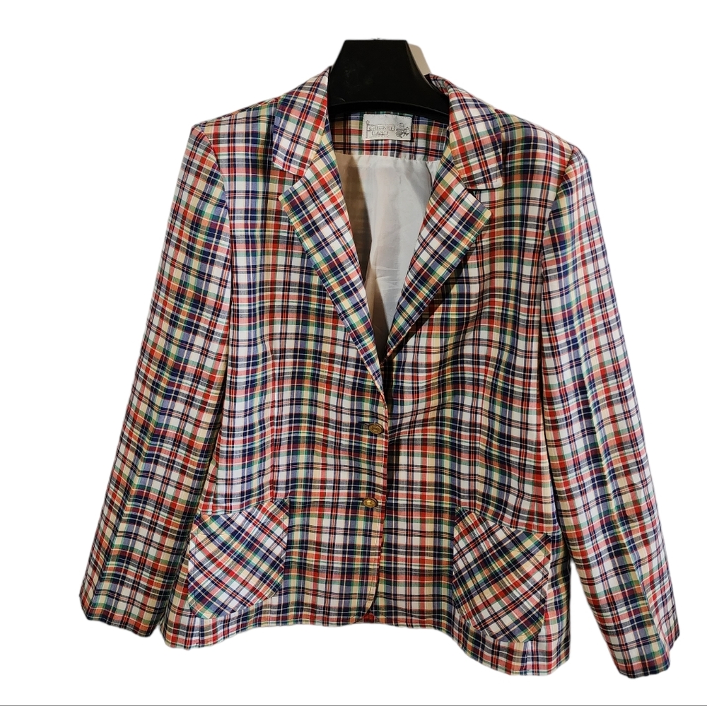 Vintage Cricket Lane Plaid Cotton Two Button Womens Large Blazer Jacket Preppy